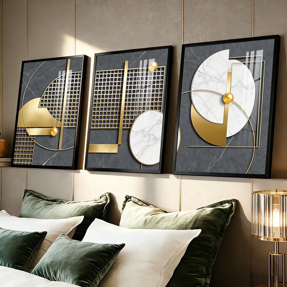 3 Counts Aluminum Alloy Framed Painting, Geometric Gold And Marble Abstract Art, Home Decoration For Living Room, Bedroom, Office, Restaurant, Hallway Wall Decor, Odorless Print Artwork, Luxury Perfect Gift For Friends And Family