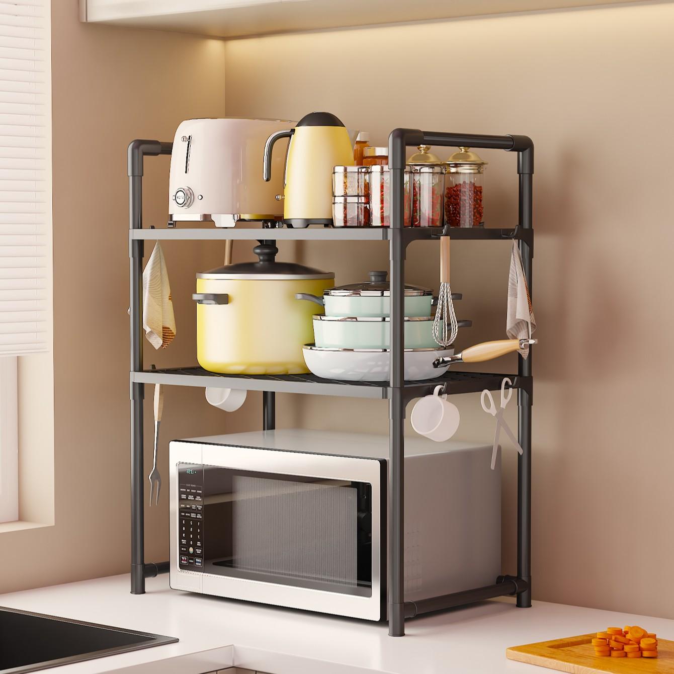 Multi-Functional Kitchen Storage Rack, Microwave Heightened Organizer, Thick Plastic Shelf for Spices & Dishes, Dual-Layer Design, Practical Hooks