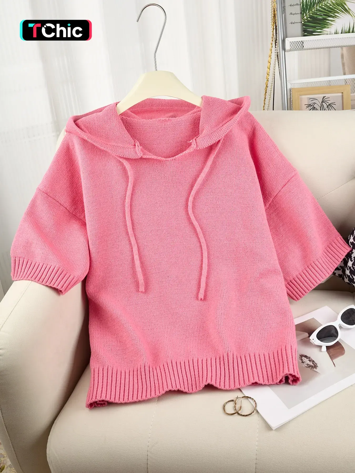Women's Simple Basic Hooded Knit Sweater, Loose V-Neck Half Sleeve Drawstring, Fall Winter Casual Pullover, Perfect for Daily Commute and Shopping