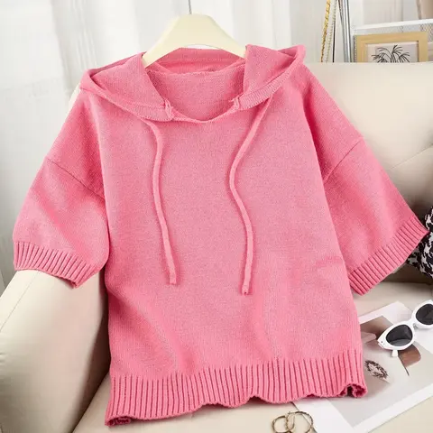 Women's Simple Basic Hooded Knit Sweater, Loose V-Neck Half Sleeve Drawstring, Fall Winter Casual Pullover, Perfect for Daily Commute and Shopping