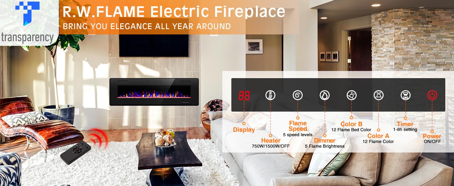 R.W.FLAME Electric Fireplace Inserts, in-Wall Recessed and Wall Mounted 750/1500W Fireplace Heater, Touch Screen, Remote Control with Timer, Adjustable Flame Color and Speed, 30"~68", Black
