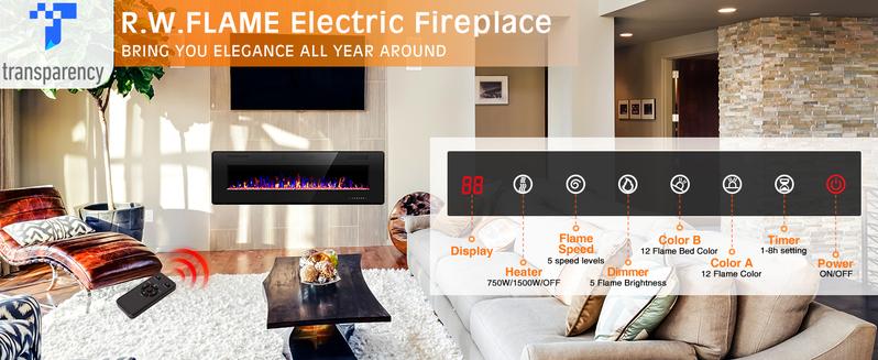 R.W.FLAME Electric Fireplace Inserts, in-Wall Recessed and Wall Mounted 750/1500W Fireplace Heater, Touch Screen, Remote Control with Timer, Adjustable Flame Color and Speed, 30"~68", Black