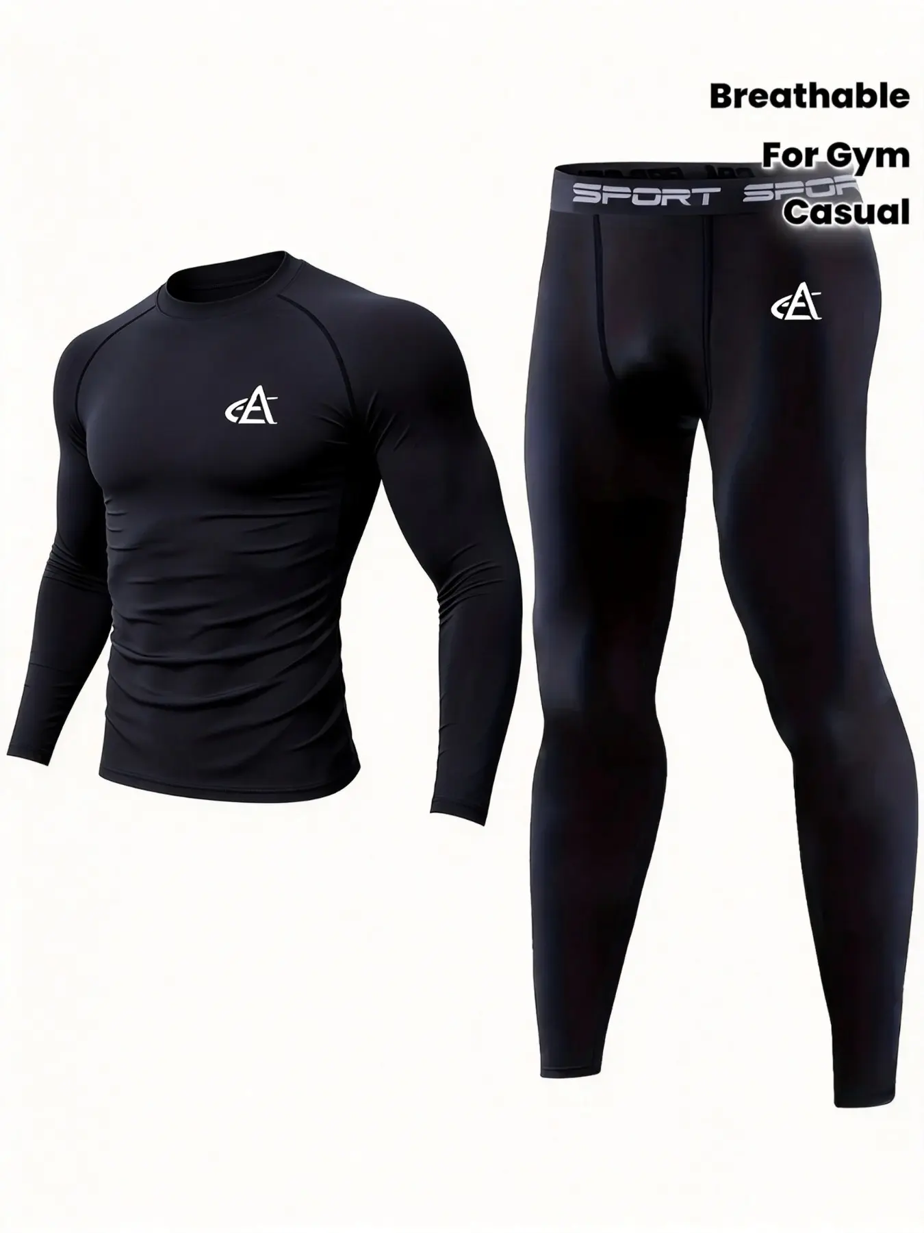 Men's Compression Suit Set, Stretchy Activewear, Long Sleeve & Pants, Breathable Fabric, Ideal for Gym, Sports, Casual Wear, High Neck T-Shirt