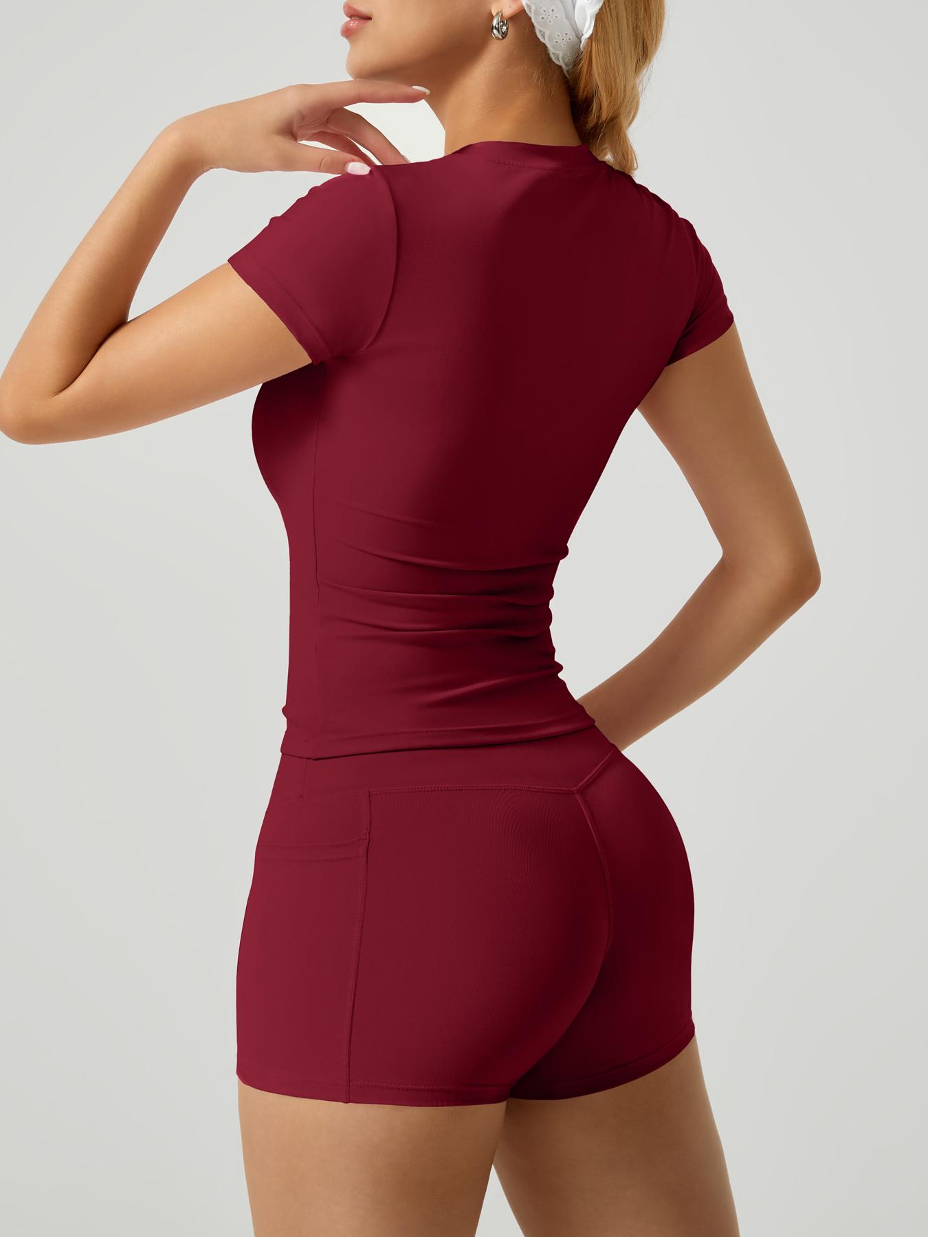 2 piece set women's yoga suit set solid color quick drying short sleeved top with pockets on both sides shorts with tight fit suitable for yoga gym training running cycling golf all season outdoor simple and versatile Sporty Style short sleeved shorts