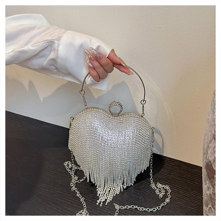 Heart-Shaped Evening Bag for Women, Tassel Sparkle Rhinestone Party Clutch, Elegant Prom Ballroom Handbag, Stylish Banquet Purse