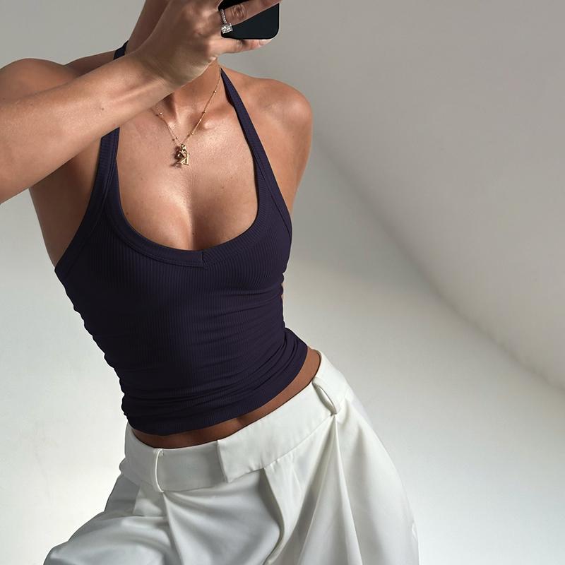 Women's Solid Ribbed Halter Neck Tank Top, Active Top, Casual Sleeveless Top for Daily Wear, Ladies Clothes for All Seasons