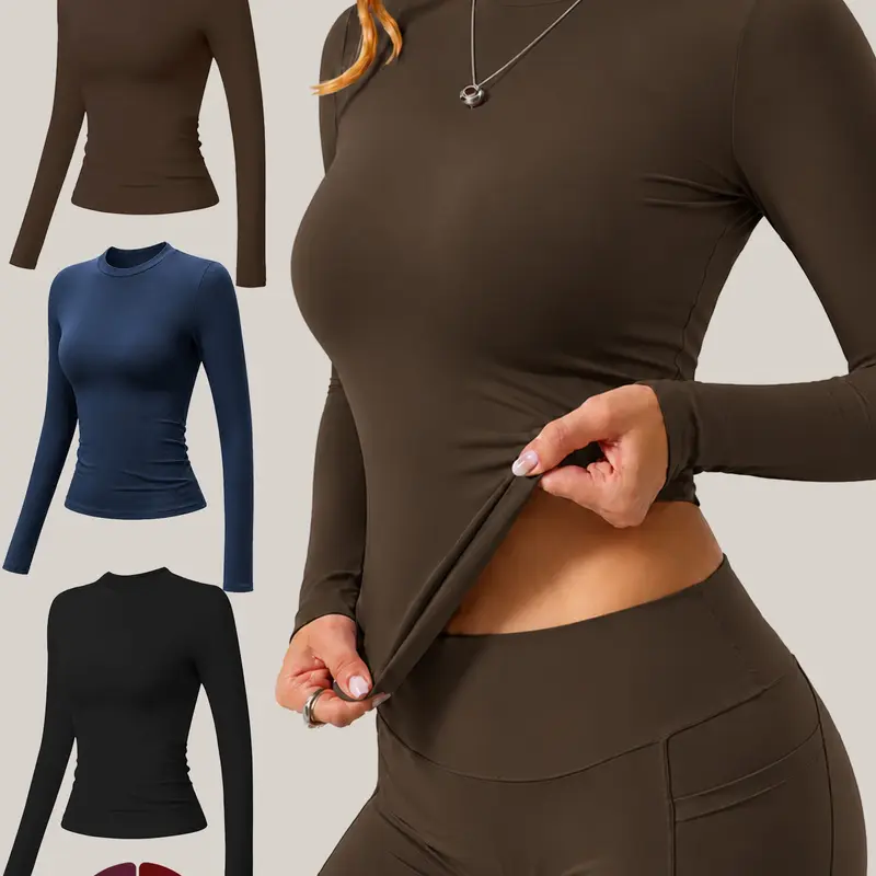 Women’s 1/3 Pack Solid Color Long Sleeve Yoga Tops, High Stretch Slim Fit Skin-Friendly Workout Shirts, Breathable Quick-Dry Activewear for Gym, Outdoor & Daily Casual Wear, Elastic Breathable Activewear