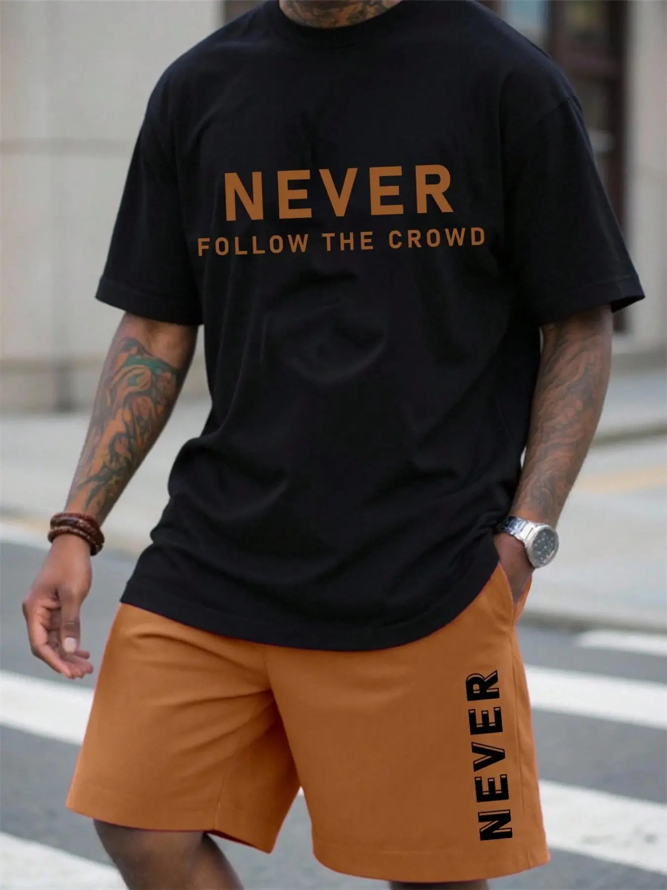 Men's Letter Print Suit, Loose-Fitting Short Sleeve T-Shirt + Gym Shorts Set, Casual Two-Piece, All over Print Design