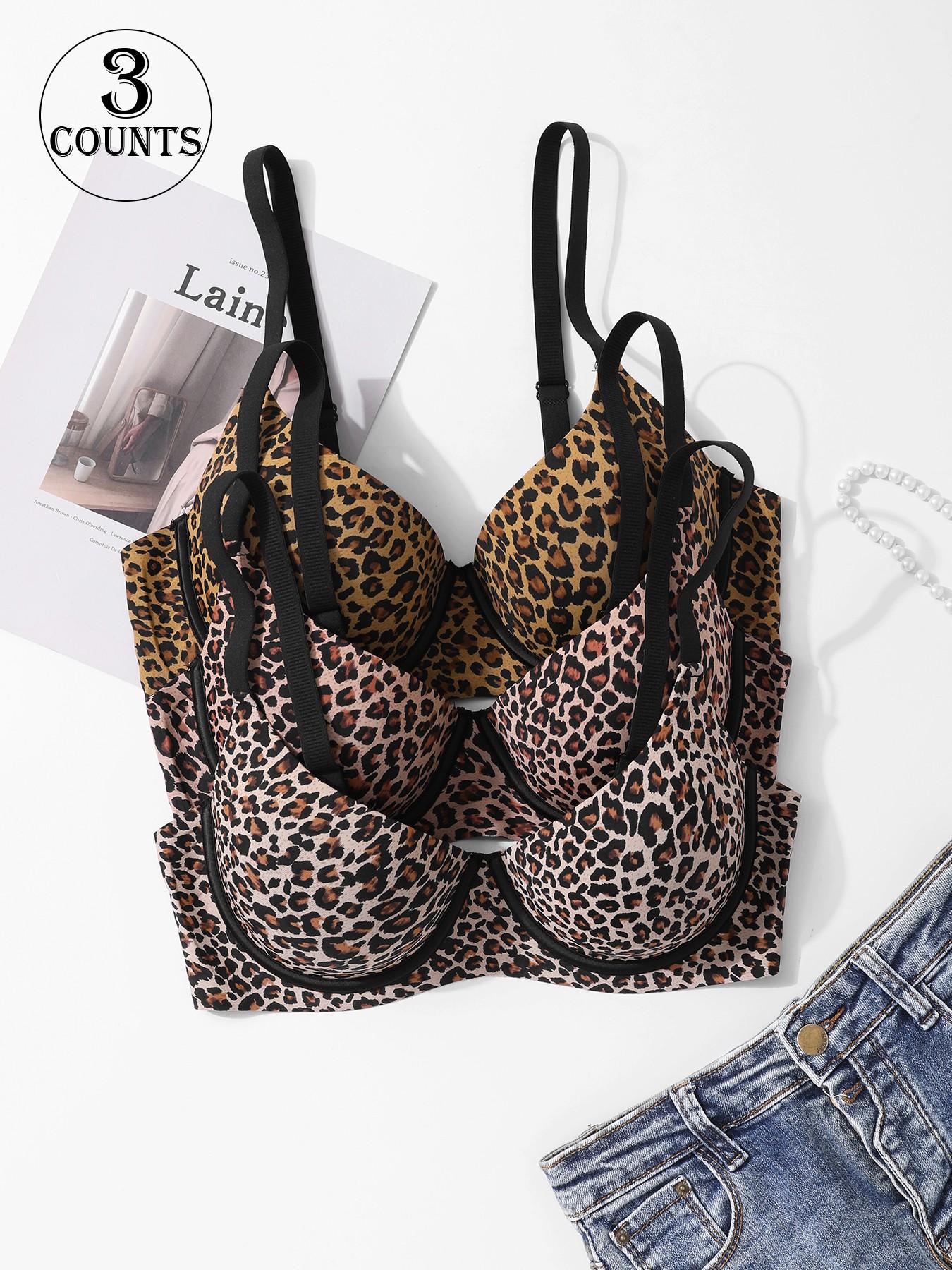 3pack / 3 colors leopard print seamless bra, four rows of two hooks, push-up and lift, adjustable straps, with underwire, sports bra, suitable for daily wear, parties, yoga, comfortable, breathable, skin-friendly, women's bra.