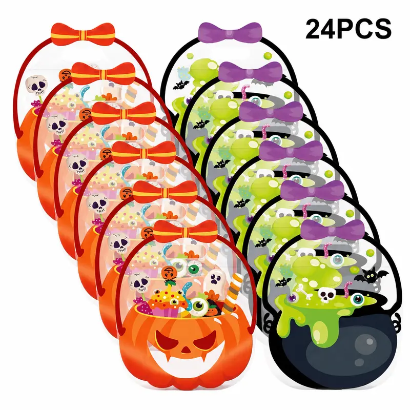 Halloween Goodie Bags - 12/24 PCS Plastic Zippered Treat Bags with Handle, Pumpkin & Witch Cauldron Design, Kid Party Favors for Classroom Snack Storage, Zippered Bags