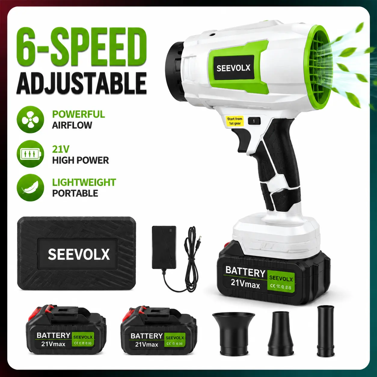 SEEVOLX 45V MAX Handheld Cordless Leaf Blower - Free 2 Rechargeable Batteries, Turbo Power Tools for Car Drying, Leaf Removal, Handheld Cordless Blower, Rechargeable Blower