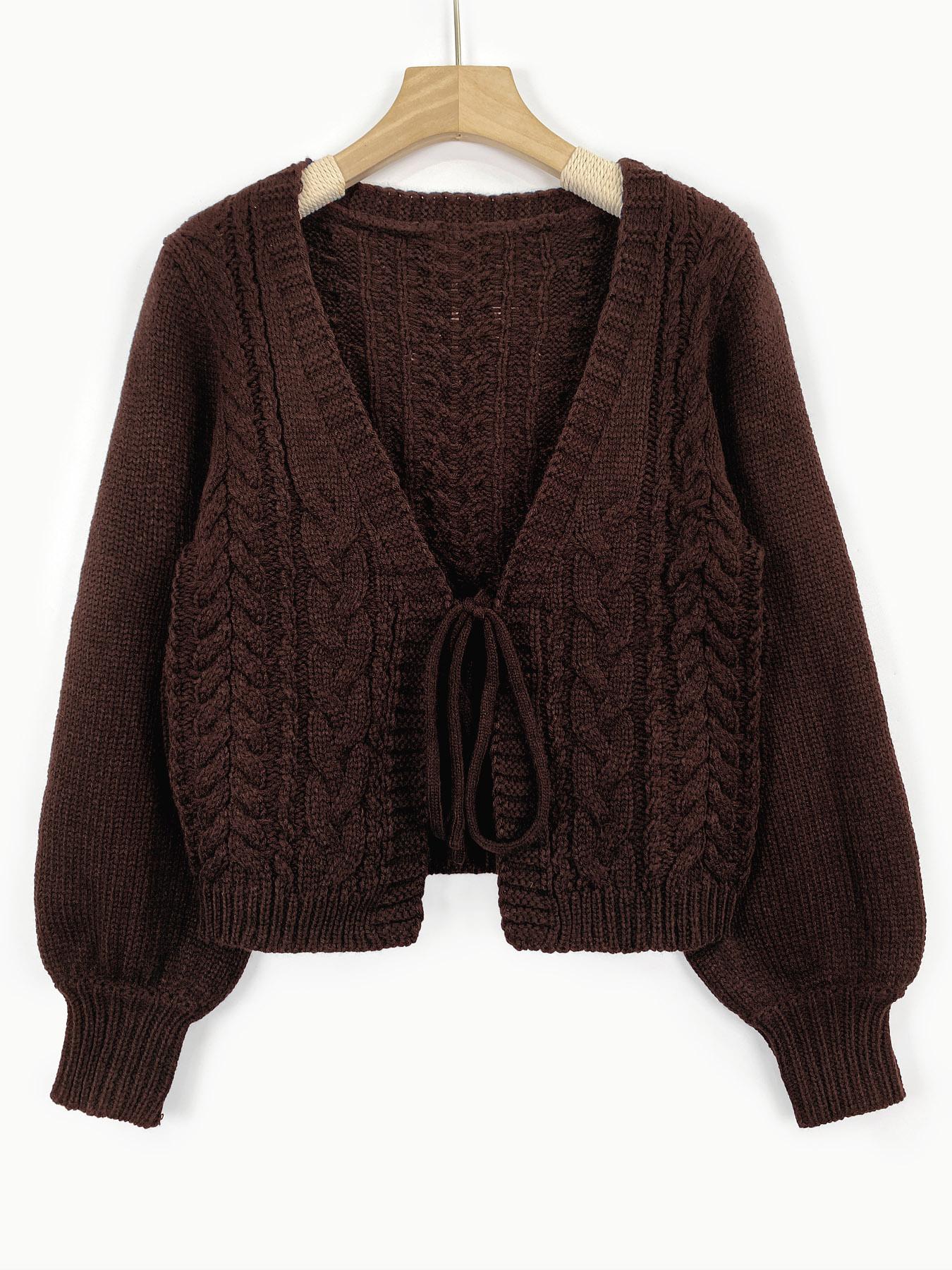 Women's Solid Drop Shoulder Long Sleeve Cardigan, Lady Knitting Tops, Minimalist Tie Front Knitwear With V Neck For Fall & Winter