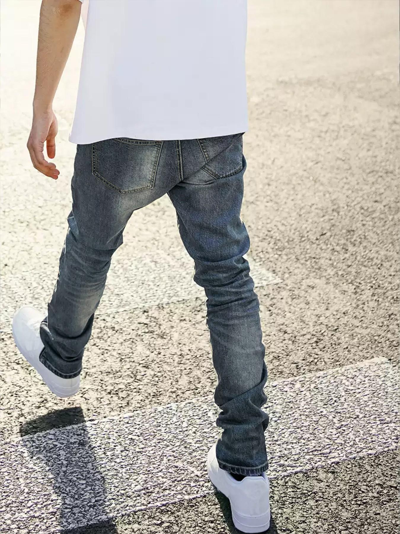 Men's Y2K Street Fashion Light Blue Distressed Jeans | Slim-fit Jeans with Ankle Zippers, Millennium Street Style Denim Pants, Essential for Urban Street Fashion