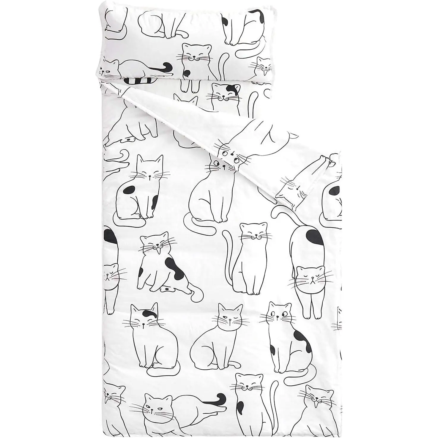 Toddler 100% Cotton Nap Mat with Pillow, Blanket & Breathable Sleep Design, Roll-Up Sleeping Bag for 3+ Kids, Black White Cats Standard Size for Daycare