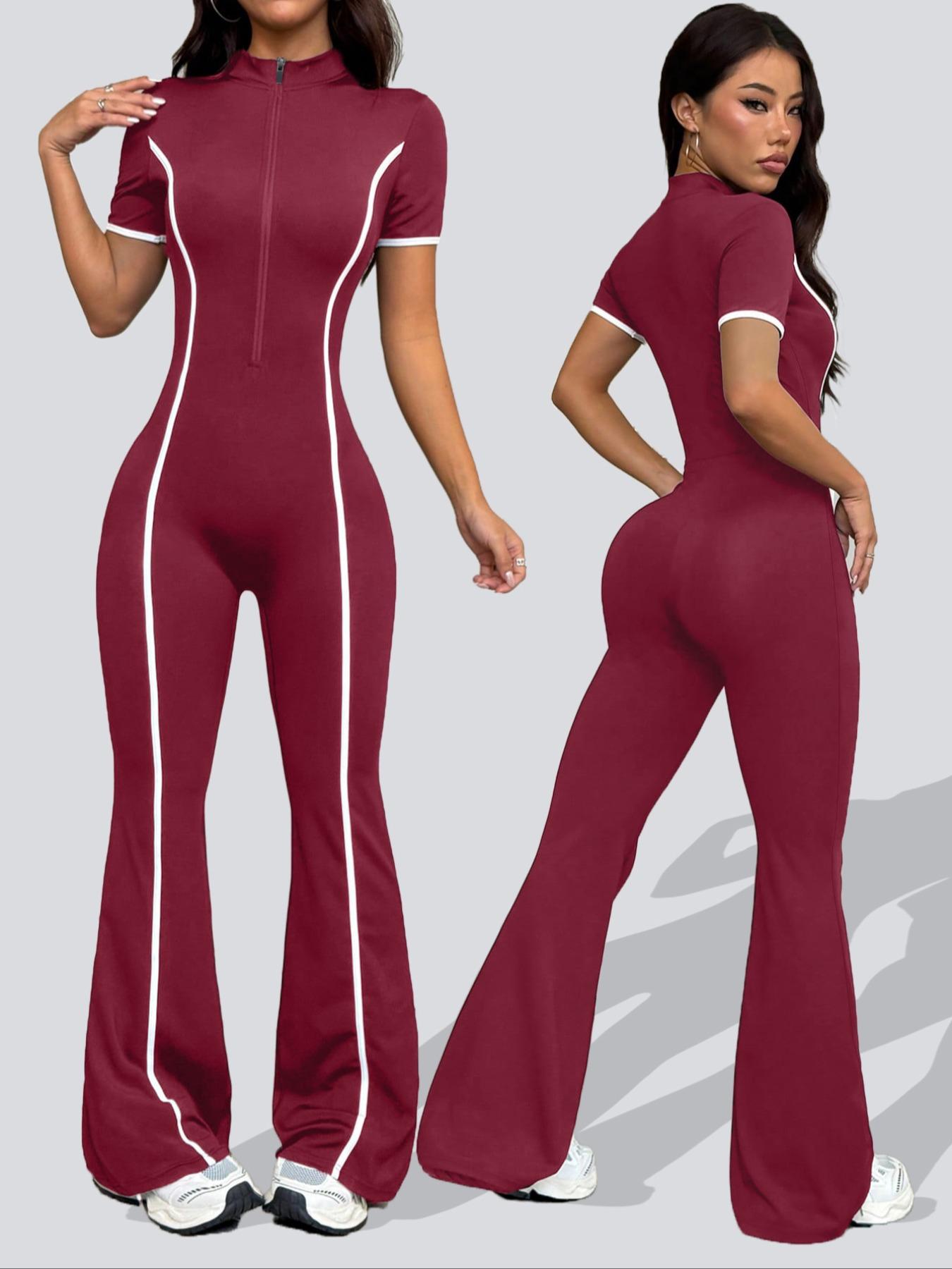 Women's Colorblock Zipper Knit Yoga Sporty Comfy Jumpsuit, Long Sleeve Casual Fashion, Slim-Fitting Below Ankle Pants for All Seasons