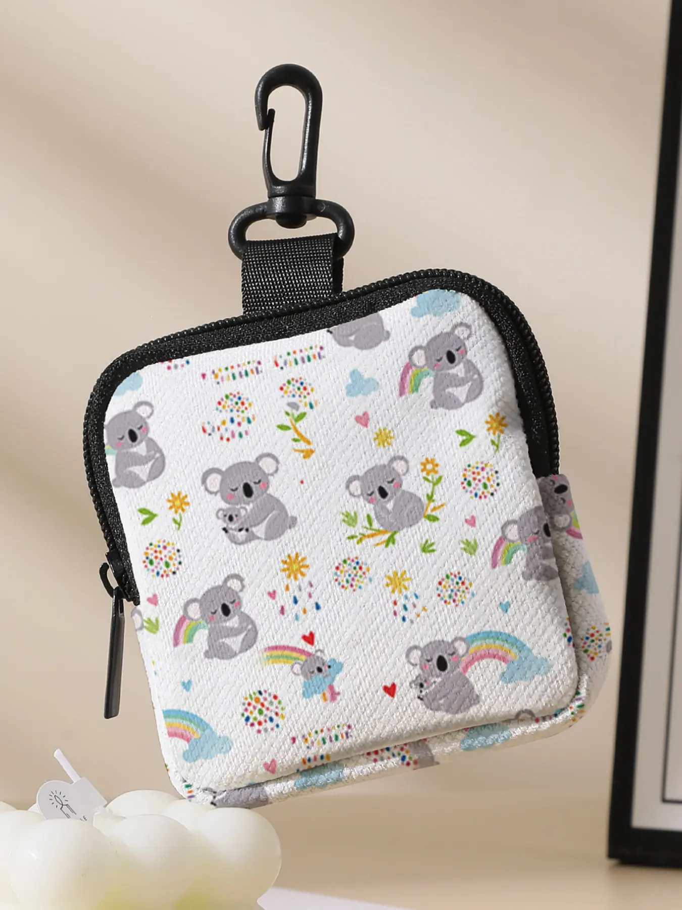 Cute Cartoon Koala Rainbow Little Flower 2D Print, Polyester printed pouch, stores keys & cards, nice gift option