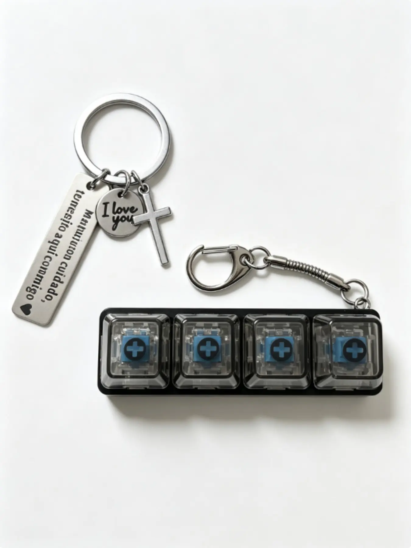 Spanish Engraved Keychain, Mechanical Switch Fidget Keyring, I Love You Cross Stainless Steel Key Tag, Stress Relief Toy Gift for Boyfriend, Metal Keychains