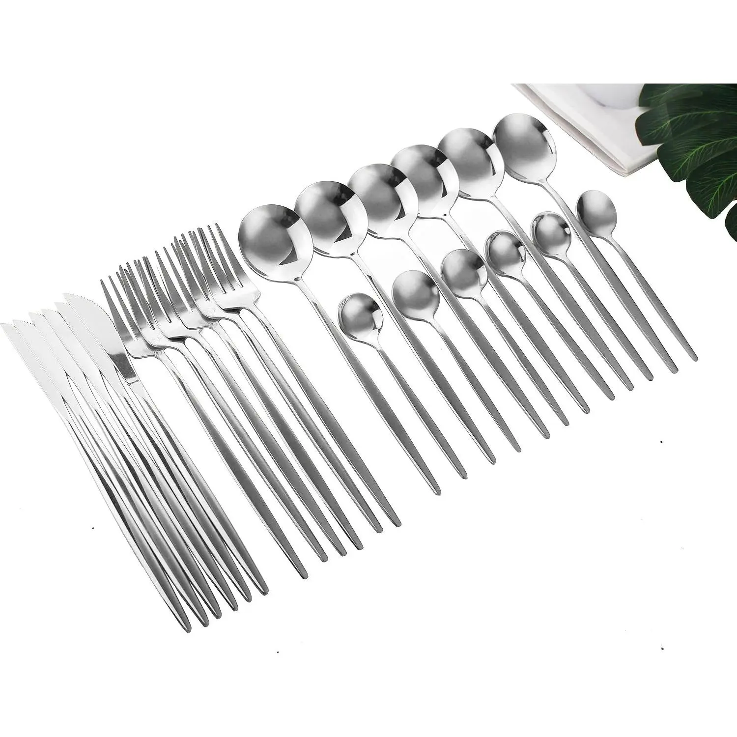 24-Piece Silver Korean Silverware Set, Stainless Steel | Mirror Polished, Service for 6, Includes Forks Spoons Knives, Modern Flatware Cutlery
