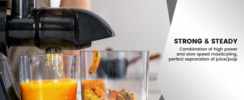 Masticating Juicer Machines, AMZCHEF Slow Cold Press Juicer with Reverse Function, High Juice Yield, Easy Clean with Brush,Recipes for High Nutrient Fruits and Vegetables