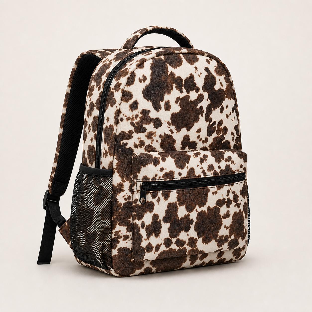 Polyester Brown & Cream Cow Print Backpack with Organic Spots - Western Animal Pattern Daypack, Front Zipper Pocket, Dual Mesh Pockets, Top Handle, Adjustable Shoulder Straps for School/Work, Gym Use, Backpack Bags, Printed Backpack