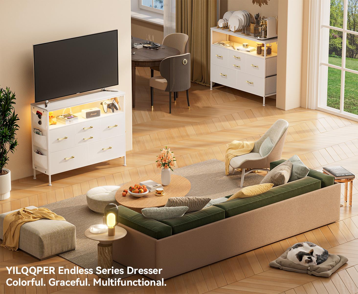 Bedroom Dresser TV Stand with LED Lights & Charging Station, 6 Fabric Drawers with Side Pockets, Wide Storage Dresser for Bedroom, Living Room, or Closet, Modern Media Console for TVs up to 43" Cupboard Furniture