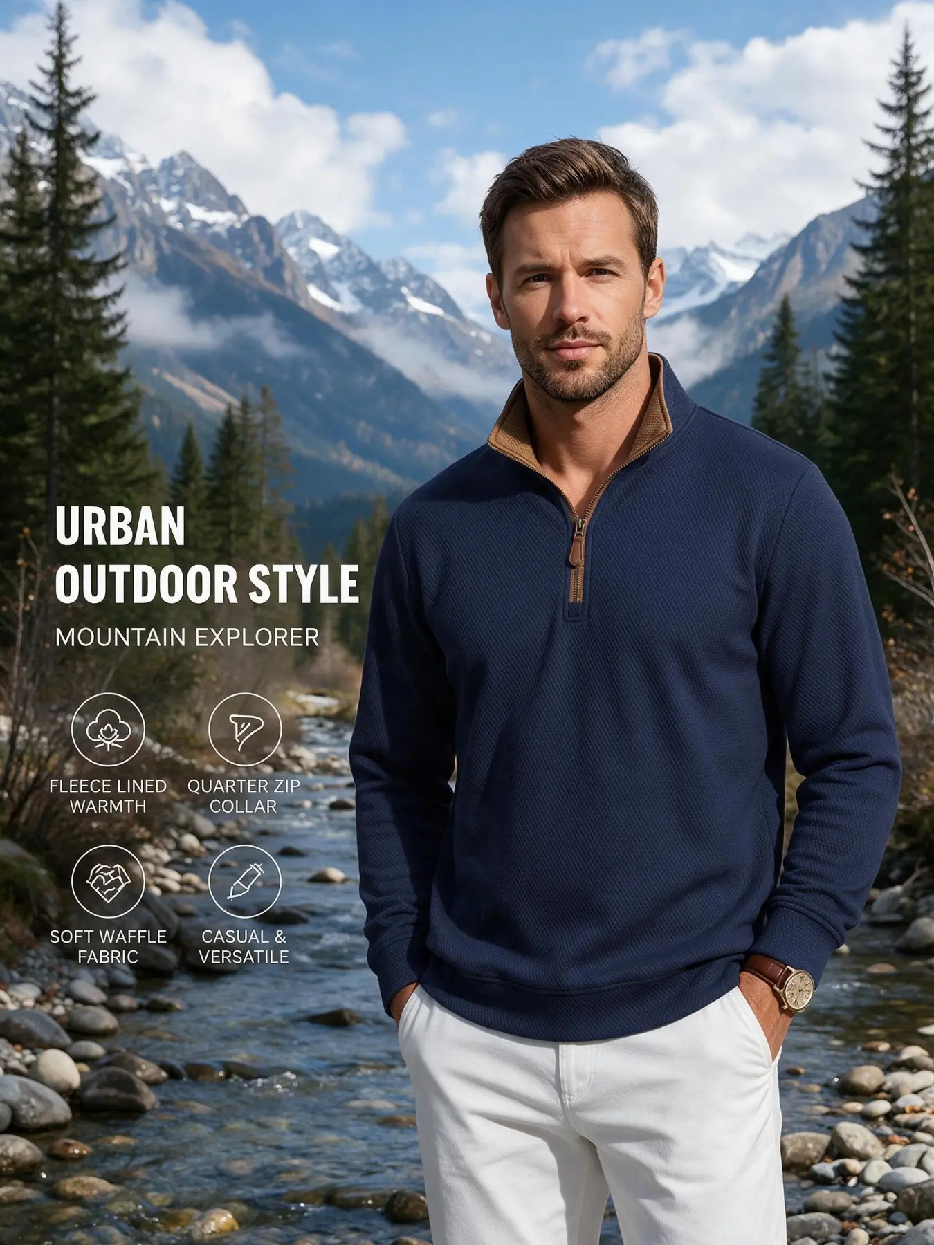 【Black Friday】Men's Fleece Lined Waffle Texture Quarter Zip Sweatshirt, Casual Comfy Pullover, Stand Collar Long Sleeve Top, Warm Soft Fabric for Jogging, Hiking and Outdoor Sports, Autumn & Winter Casual Wear