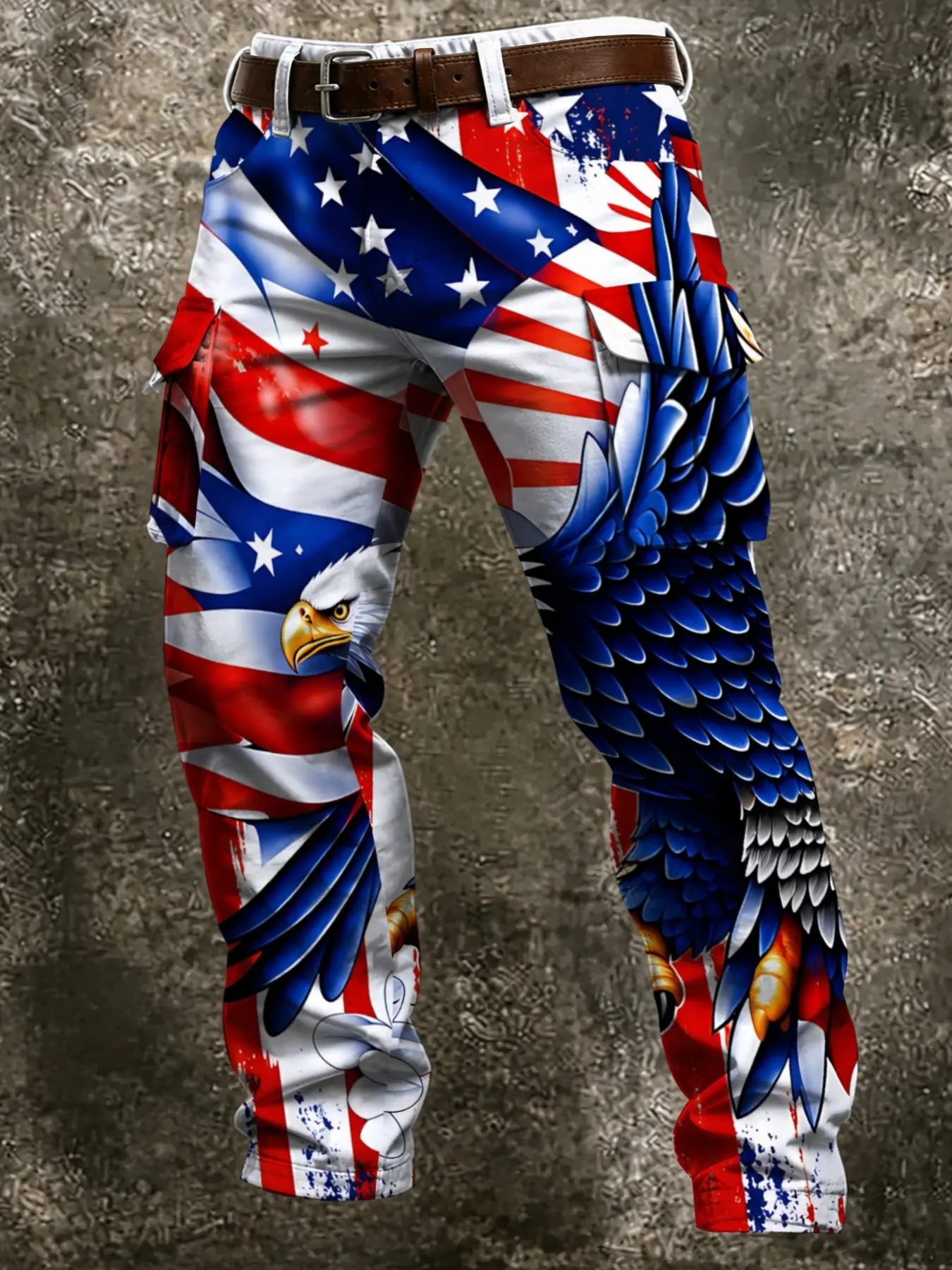 Eagle Element Workwear Pants, Large Capacity Flip Cover Side Pockets, Flag Eagle Full Print, American Vintage Motorcycle Outdoor Long Pants
