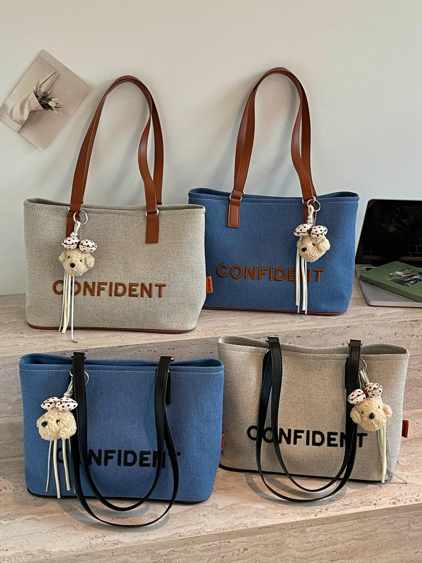 Fashionable and lightweight luxury large-capacity letter-embroidered tote bag, convenient and niche with cute bear pendant for daily commute shoulder/handbag