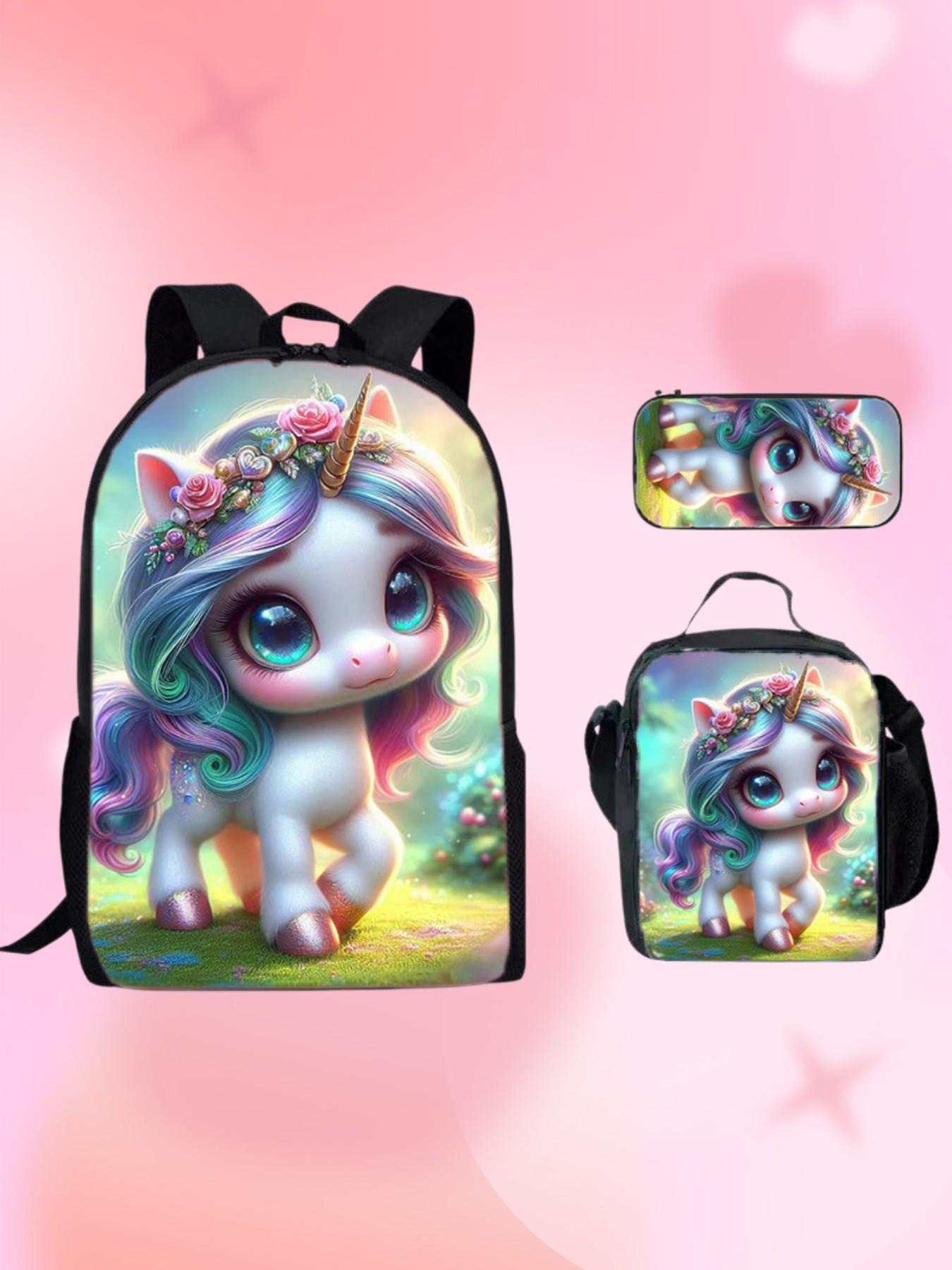 Unicorn Backpack Set for Girls, 3 Piece School Bag with Lunch Box and Pencil Case, Magical Princess Bookbag, Ideal Gift for Back to School