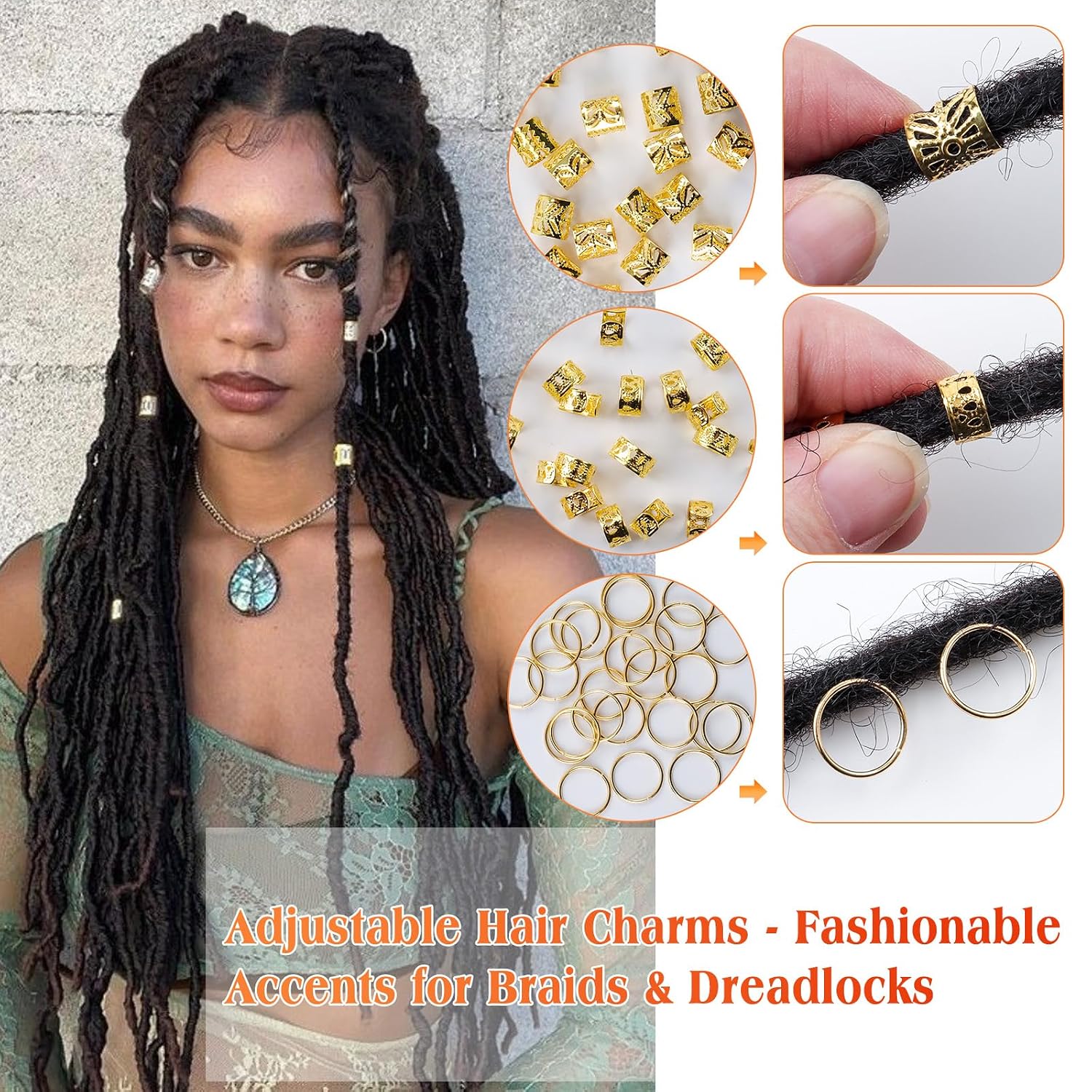 100 count  Hair  for Braids,  Hair Cuffs | 4 Styles Dreadlock Accessories, Adjustable Metal Hair Clips, Hair Rings Braiding Decorations for Women Men