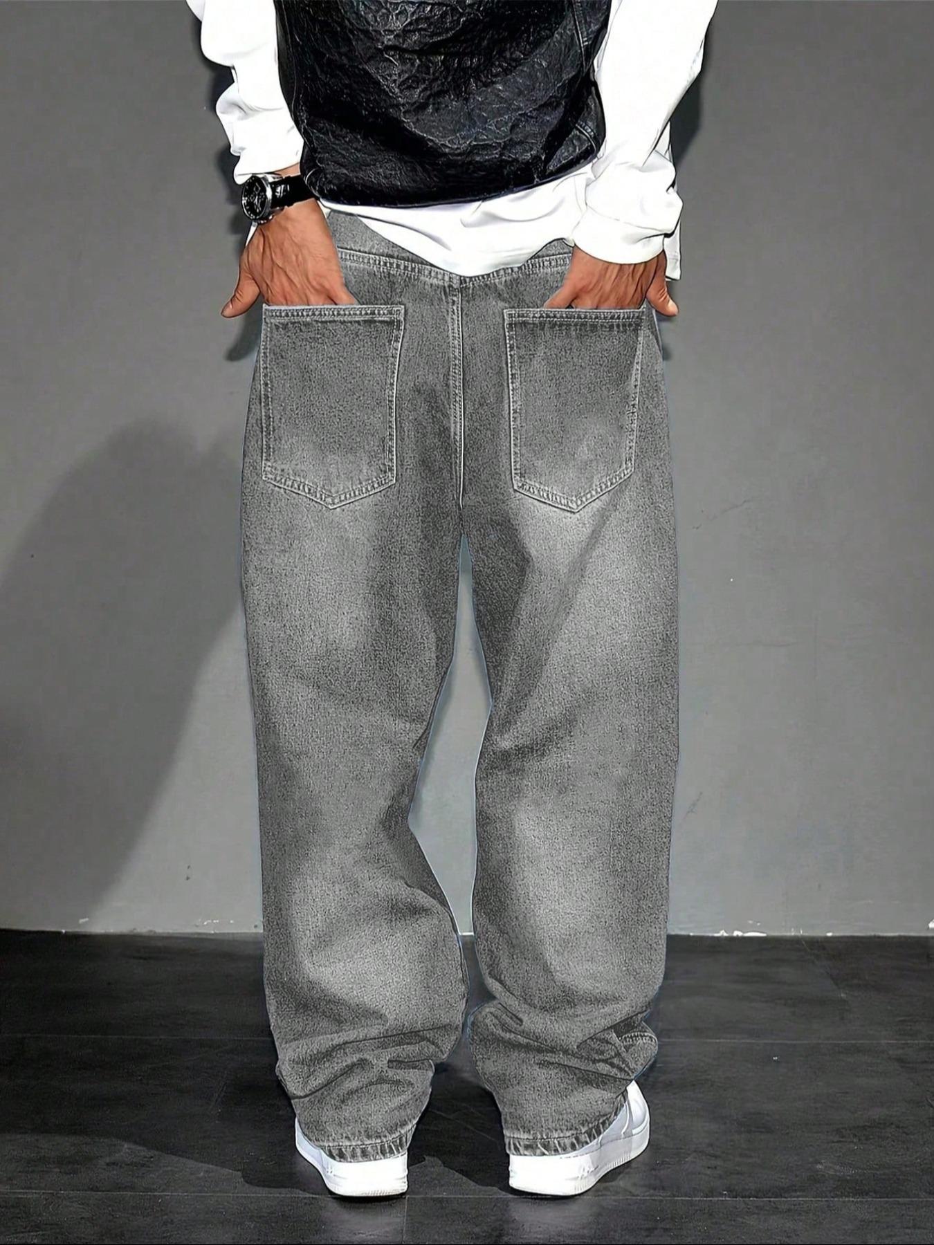 Men's Straight Leg Denim Jeans, Street Style Loose-Fit Casual Pants, All Season Fashionable High-Street Long Trousers, Relaxed Fit Jeans