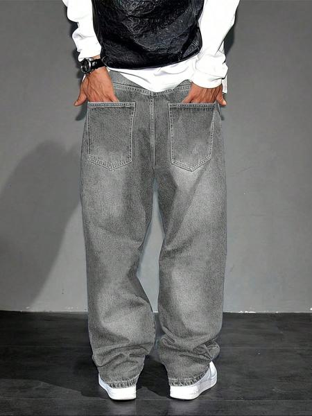 Men's Straight Leg Denim Jeans, Street Style Loose-Fit Casual Pants, All Season Fashionable High-Street Long Trousers, Relaxed Fit Jeans