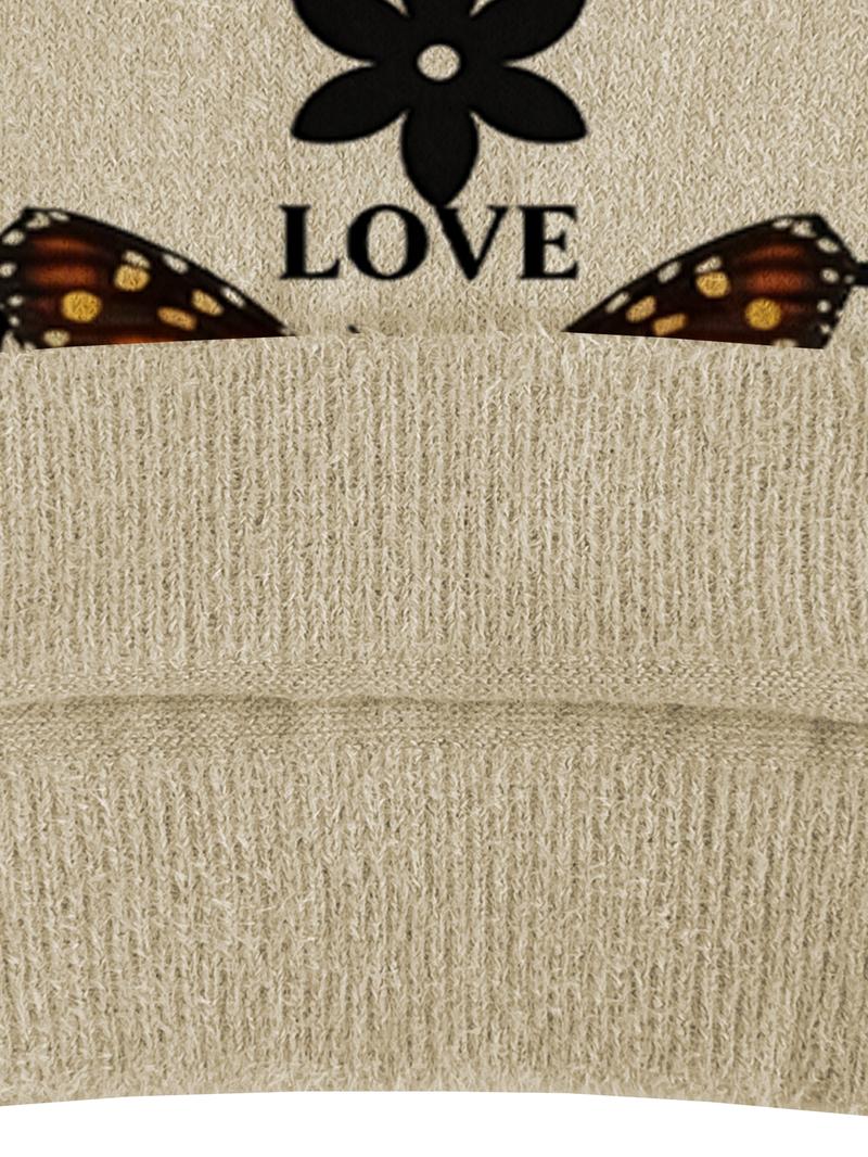 Women's Butterfly Print Stand Collar Sweater, Casual Long Sleeve Knitwear for Fall Winter, Comfortable Warm Daily Wear