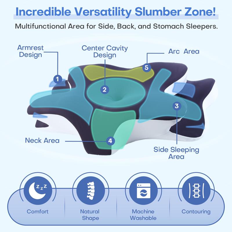 Double-Sided Neck Pillow Unscented Orthopedic Memory Foam Pillow with Cooling Cover Zoned Design for Deep Sleepers Contoured Pillow with Extra-Large Armrest for Side Sleep Stomach Sleeping and Back Sleepers