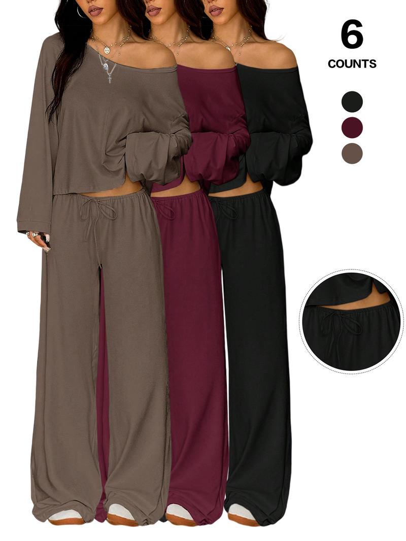 Women's 2 Piece Matching Lounge Set, off the Shoulder Long Sleeve Top, Drawstring Wide Leg Pants, Casual Sweatsuit, All Seasons