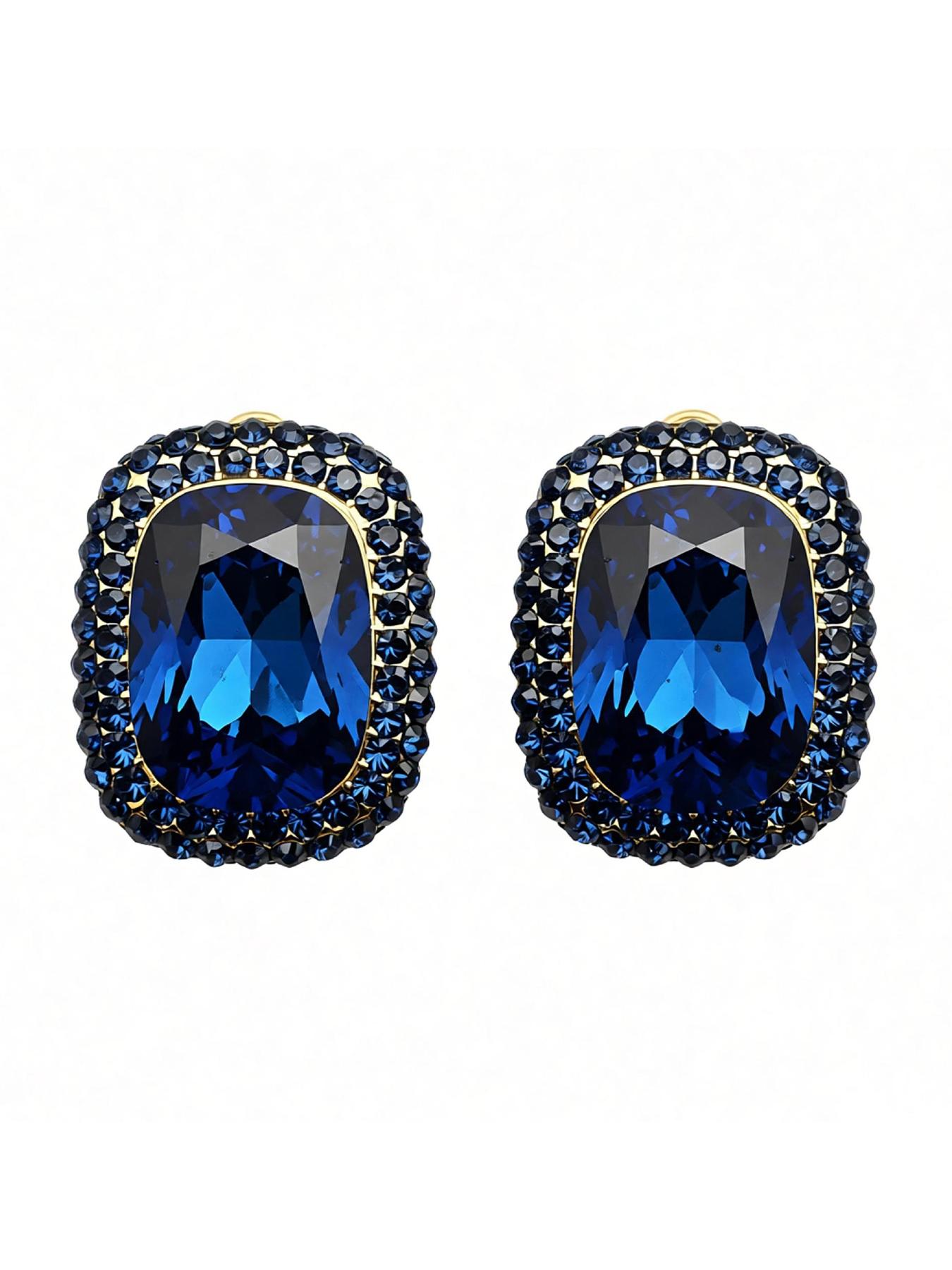 Women's Hypoallergenic Luxury Cushion Cut Blue Sapphire Crystal Stud Earrings, Gold Plated Halo Rhinestone Inlaid Statement Earrings for Evening Party Wedding Formal Wear & Gift