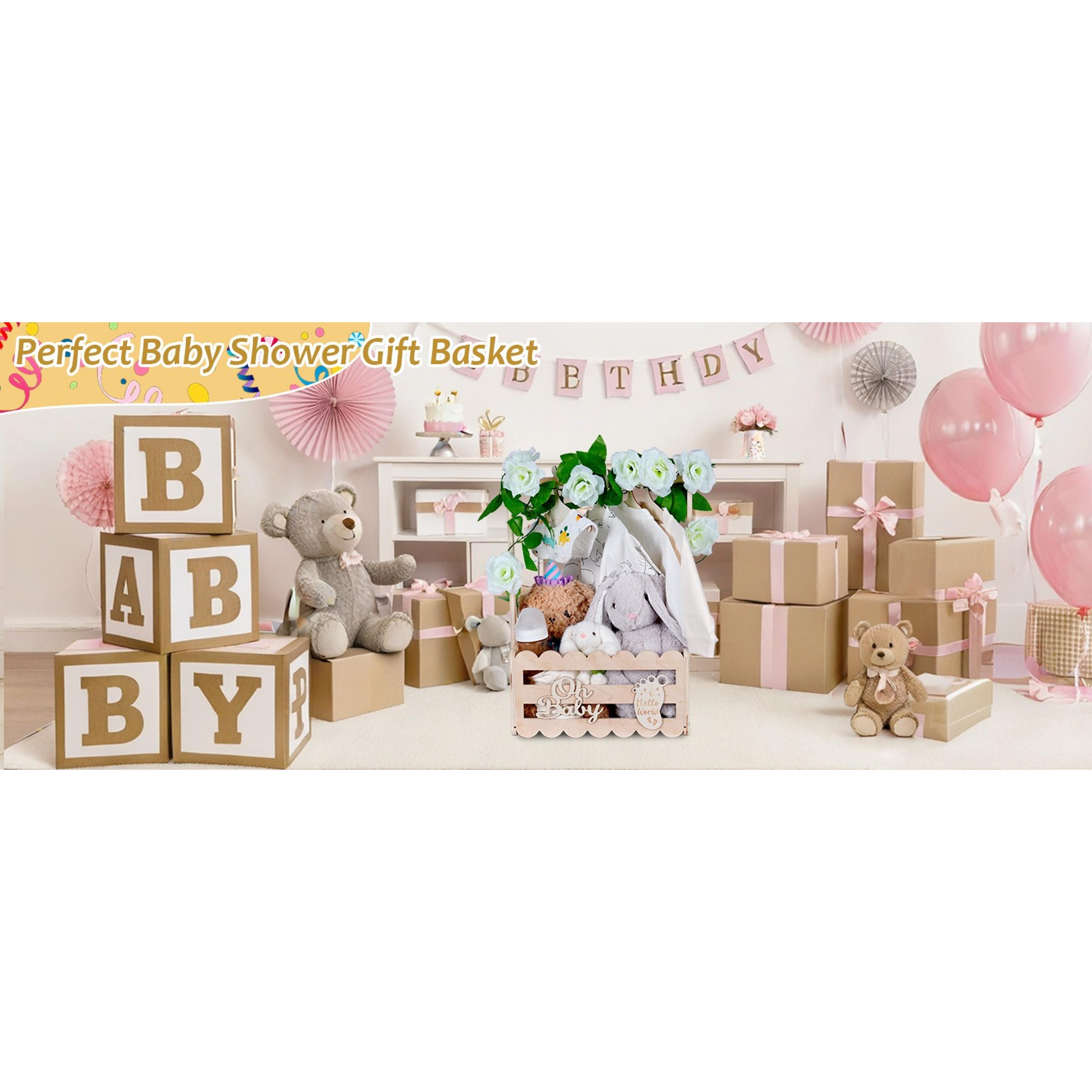 Wooden Baby Shower Crate Closet with Handle,Storage Basket,Baby Clothes Hangers, Newborn Boy Girl Welcome Gift Basket