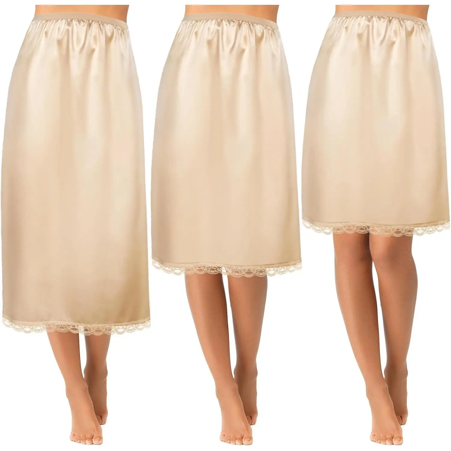 3 Pieces Women's Satin Half Slip for Under Dresses 3 Kinds of Length 19, 27, 35 Inch Slip Dress with Lace