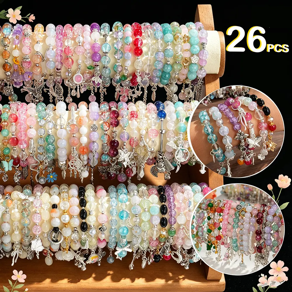 26pcs Mix Colorful Sweet Y2K Glass Beaded Charm Bracelets, Butterfly Flower Pendant Stretch Bracelet Set, Summer Boho Stackable Fashion Jewelry for Women Men