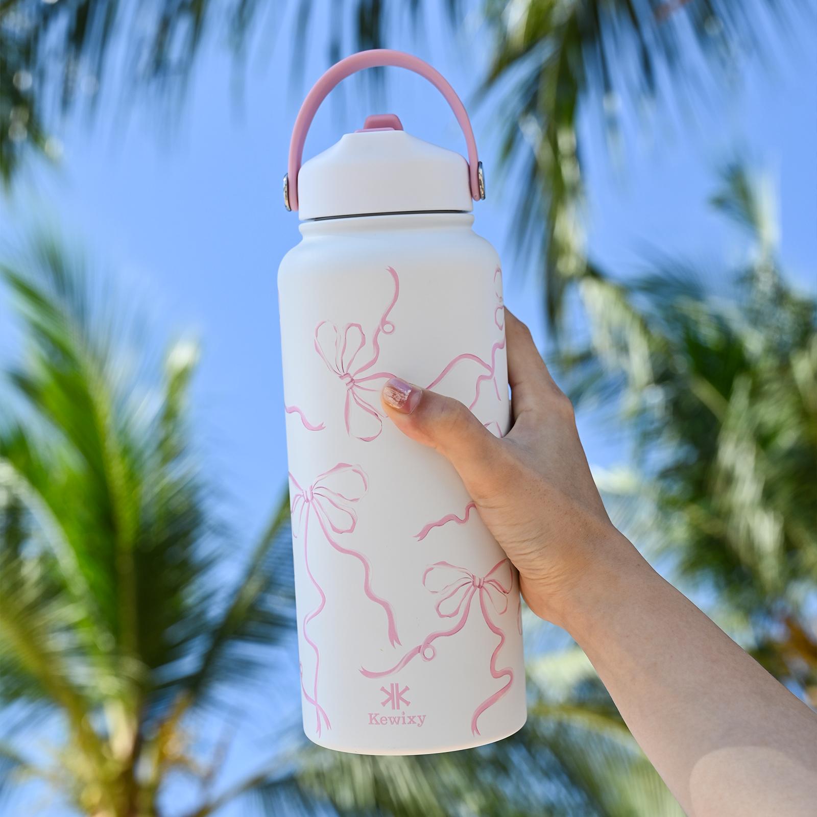 [Bonus keychain] KEWIXY 18oz&32oz Pink Bow Water Bottle, Cute Cherry, Flip Straw Lid, Stainless Steel, Leak Proof, 24-hour Cold, Reusable, Portable for Travel, Gym and School Tumbler Mug Cup