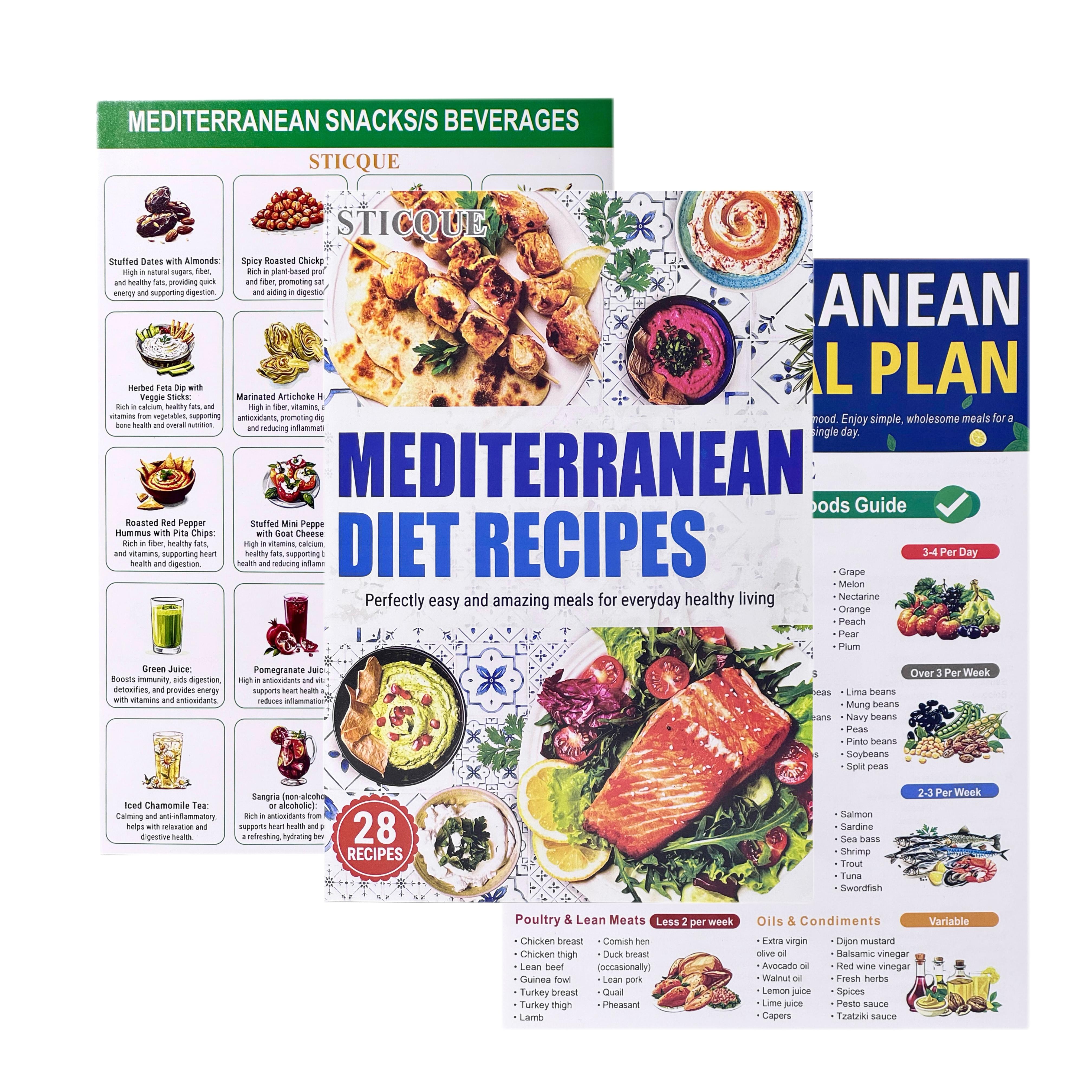 3 Count Mediterranean Diet Food List -Mediterranean Ingredient Meal Plan Sticque, Foods To Limit, Lunch, Break fast Recipes for Easy Chart Brochure Cookbook Healthy Living