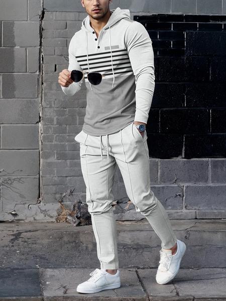 Men's Striped Hooded Sweatshirt & Waffle Knit Pants Set, Breathable Heavy Fabric, Casual Streetwear Travel, All Seasons Wear