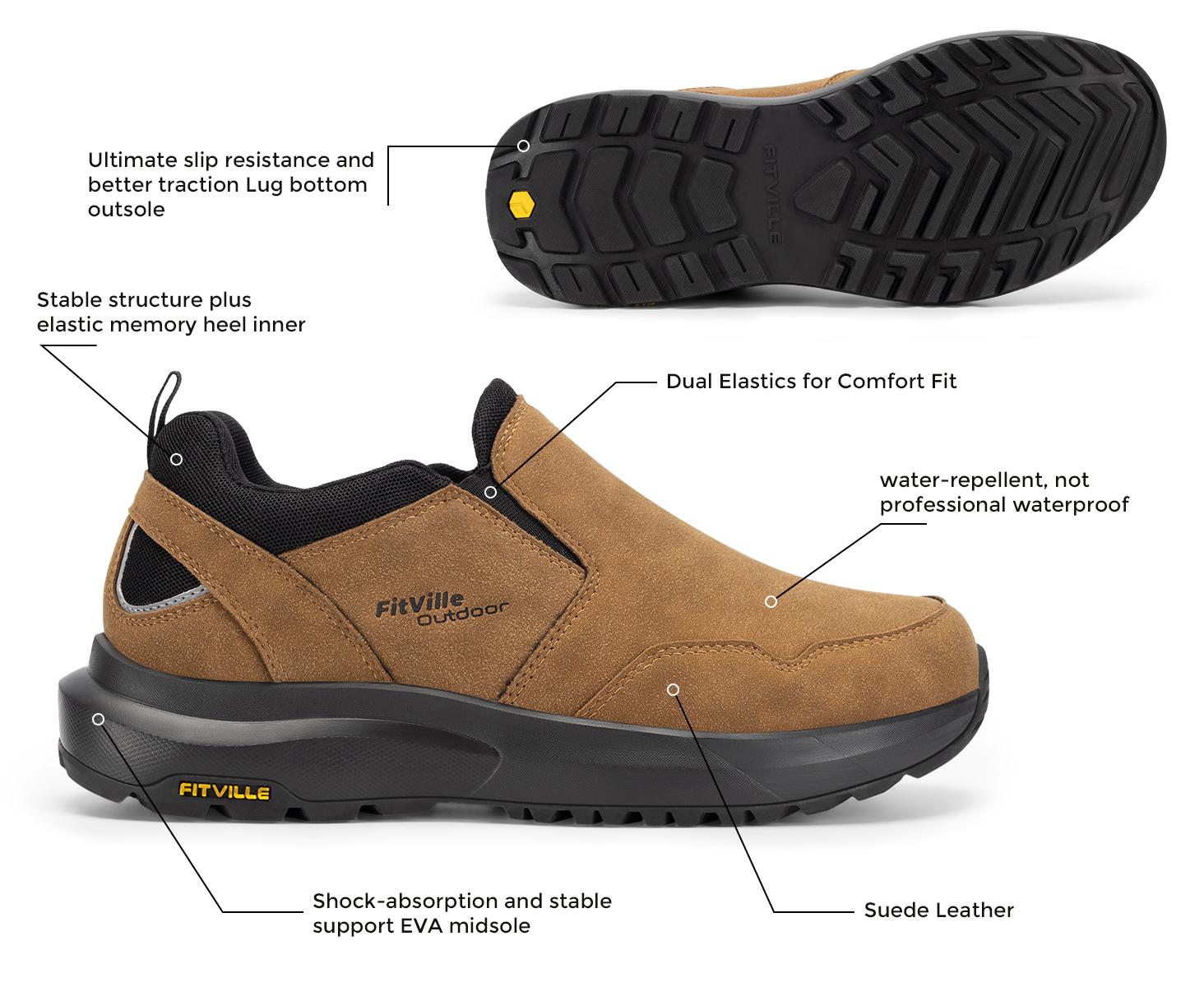 FitVille Wide Shoes for Men Hiking Shoes Go Walking Shoes Loafers Trekking Trails  with Arch Support Men's Explorer Outdoor Slip-On Sneakers Vegan Suede Supportive Adventure Cushioned