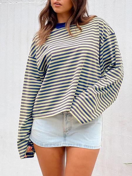Women's Minimalist Striped Casual Long Sleeve Sweatshirt Top, Loose-Fit Knit Fabric, All-Seasons Wear, Moderate Thickness