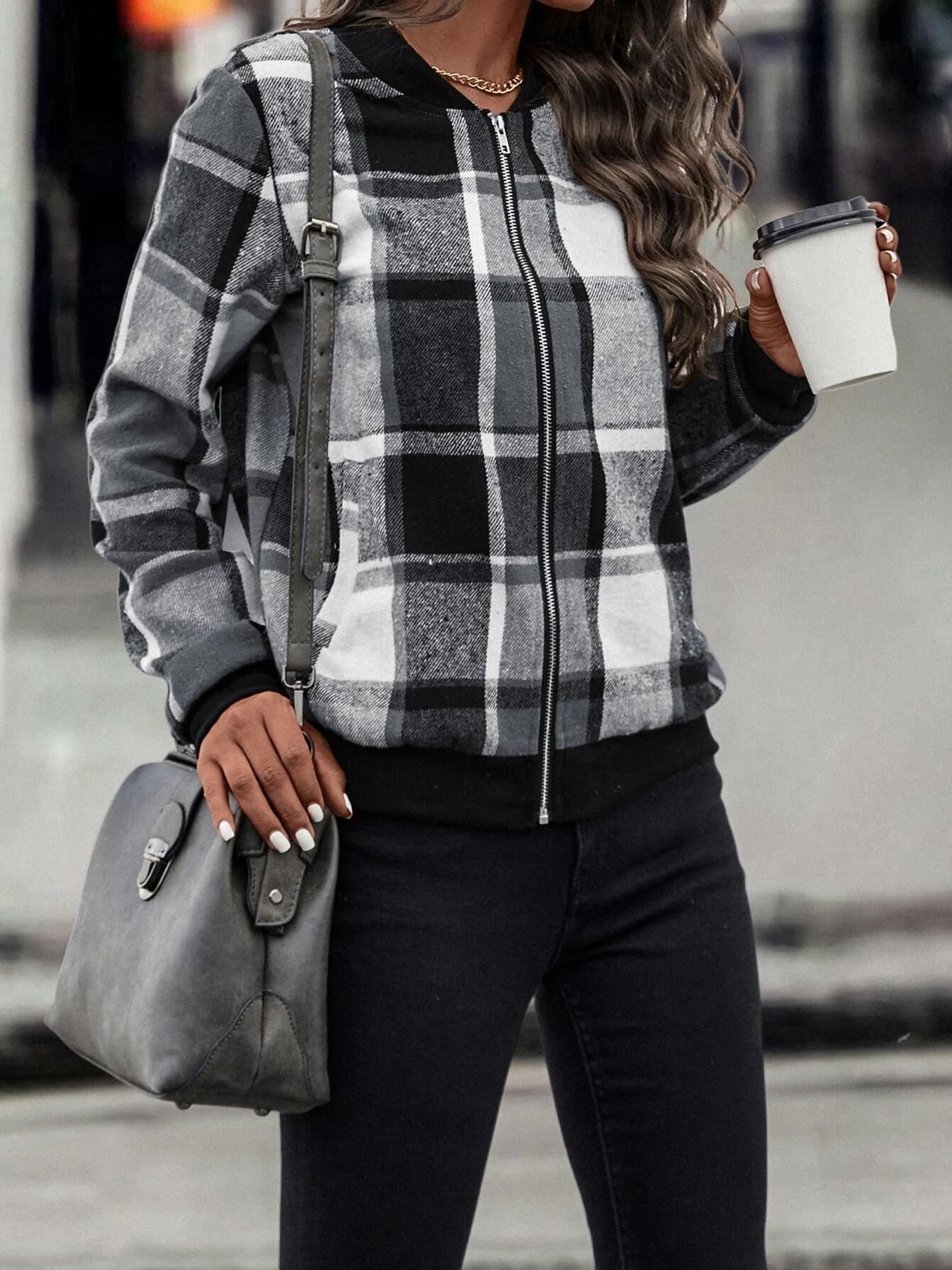 Women's Plaid Print Zip Up Bomber Jacket, Casual Long Sleeve Baseball Collar Outerwear for Spring & Fall, Ladies Clothes for Daily Wear, Casual Jackets, Zipper Jacket