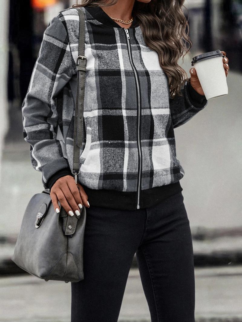 Women's Plaid Print Zip Up Bomber Jacket, Casual Long Sleeve Baseball Collar Outerwear for Spring & Fall, Ladies Clothes for Daily Wear, Casual Jackets, Zipper Jacket Women's Plaid Print Zip Up Bomber Jacket, Casual Long Sleeve Baseball Collar Outerwear for Spring & Fall, Ladies Clothes for Daily Wear, Casual Jackets, Zipper Jacket