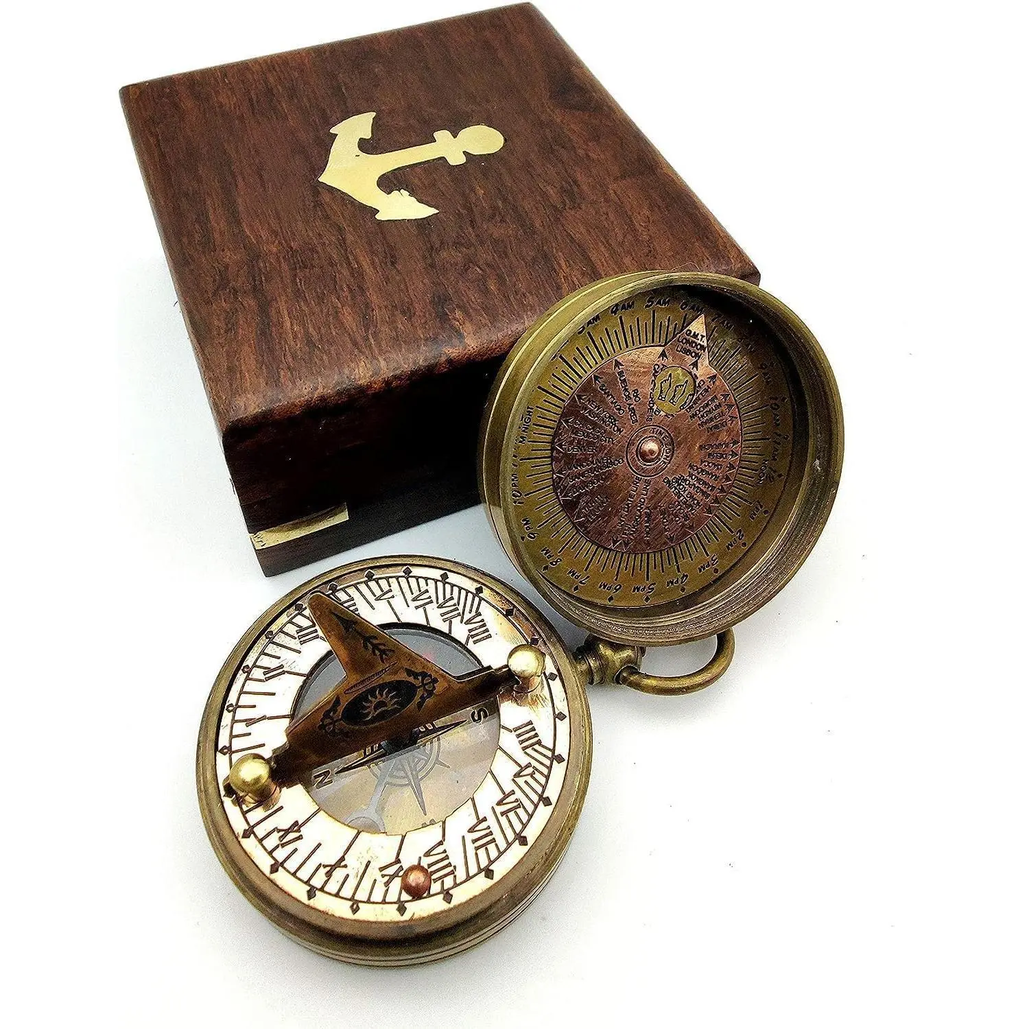Vintage Brass Sundial Compass with Engraved Bird Design, a Portable Adventure Compass for Hiking & Outdoor Navigation in an Elegant Wooden Gift Box, Engraved Sundial Bird Design, Portable Travel Compass