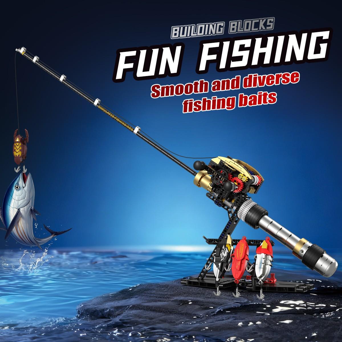 425pcs Realistic Fishing Rod Building Block Set with Gear Structure, Retractable Line, Metal Handle, Educational Assembly Toy, Building Block Model, Stem Building Blocks