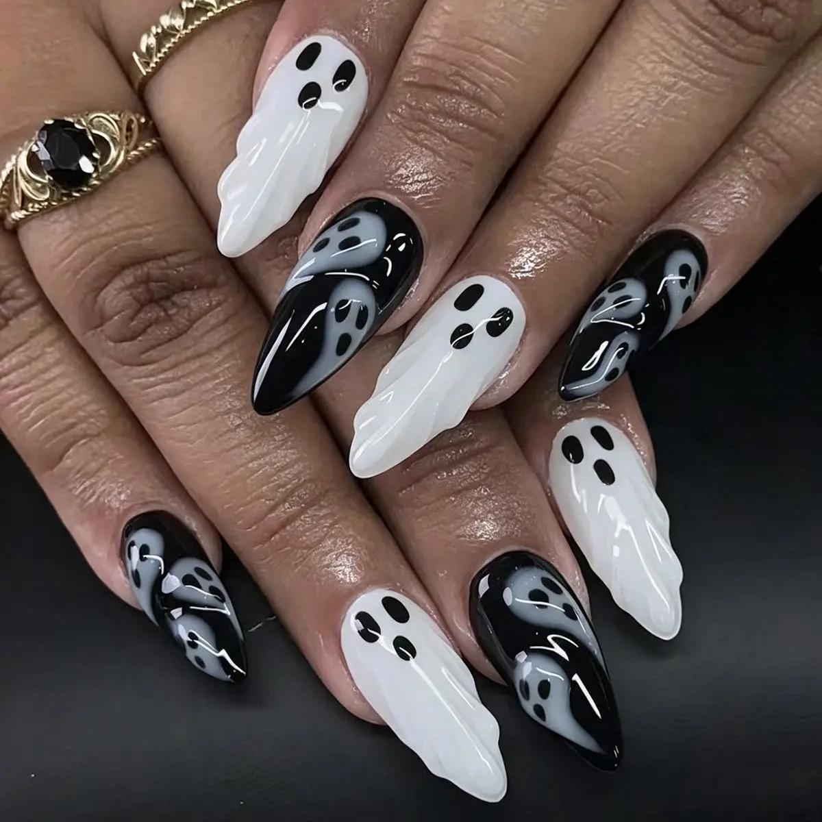 24PCS Halloween Long Almond Press on Nails, Black and White 3D Ghost Screaming Face Fake Nails, Non-Toxic Reusable Gothic Salon Dupe w/ Prep Kit Jelly Glue Nail File