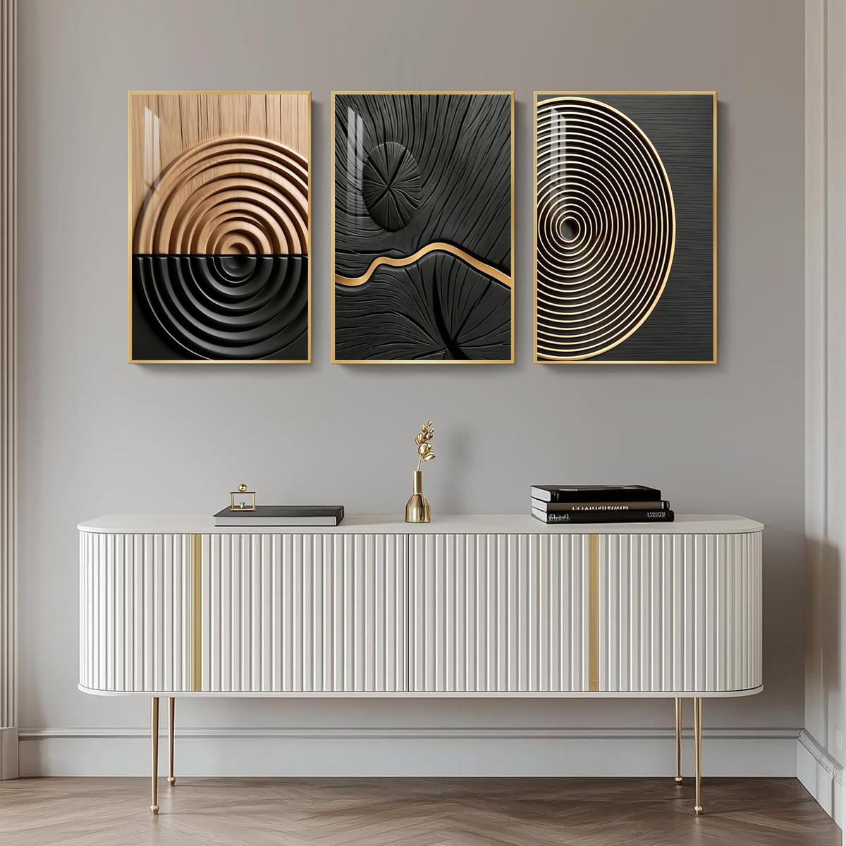 3 Counts Aluminum Alloy Framed Painting, Abstract Geometric Lines And Circles Art, Home Decoration For Living Room, Bedroom, Office, Restaurant, Hallway Wall Decor, Odorless Print Artwork, Luxury Perfect Gift For Friends And Family